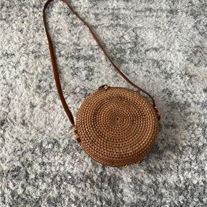 Round Woven Crossbody Bag - Brown